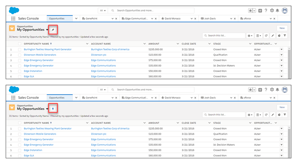Listenansichten lassen sich mit dem Spring 19 Release in Lightning Experience per Button anpinnen