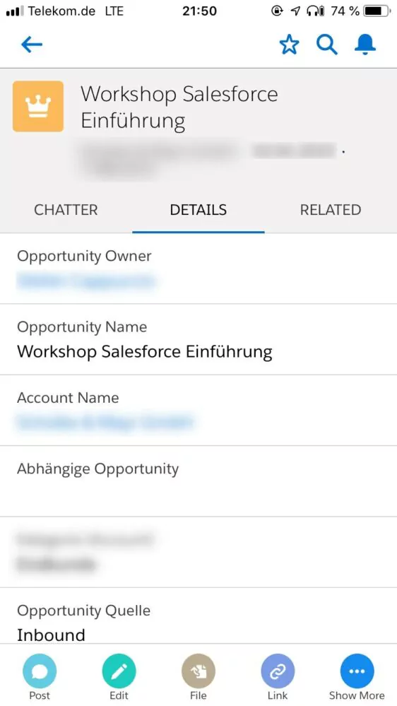 Opportunity-Detailansicht der Salesforce App