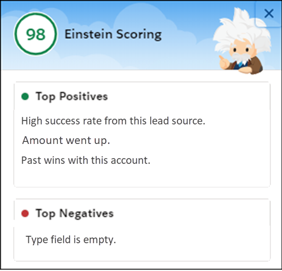 Einstein Opportunity Scoring zeigt Nutzern eine Erfolgseinschätzung für Opportunities an und erklärt, wie diese zustande kommt.