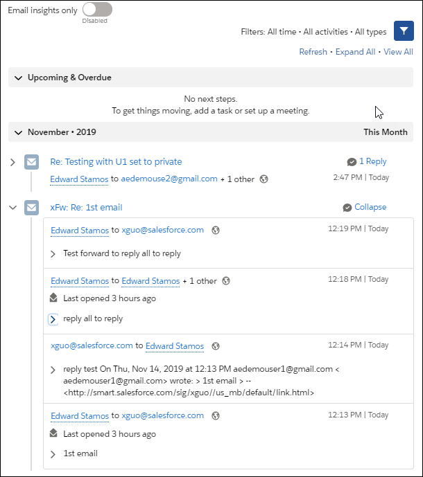 Ab dem Spring 20 Release werden Email-Verläufe gruppiert dargestellt.