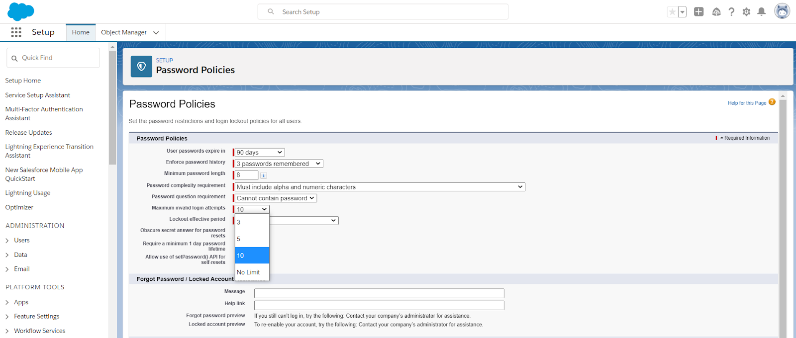 Sicherheitscheck in Salesforce Organisation: Kennworteinstellungen