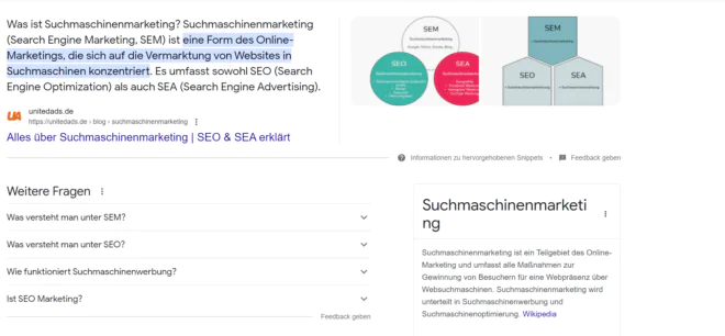 Suchmaschinenmarketing (SEM): Ausschnitte von Webseiten, Universal Search Einblendungen