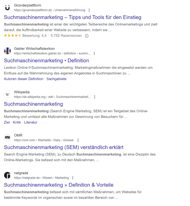 Suchmaschinenmarketing (SEM): Organische Suchergebnisse