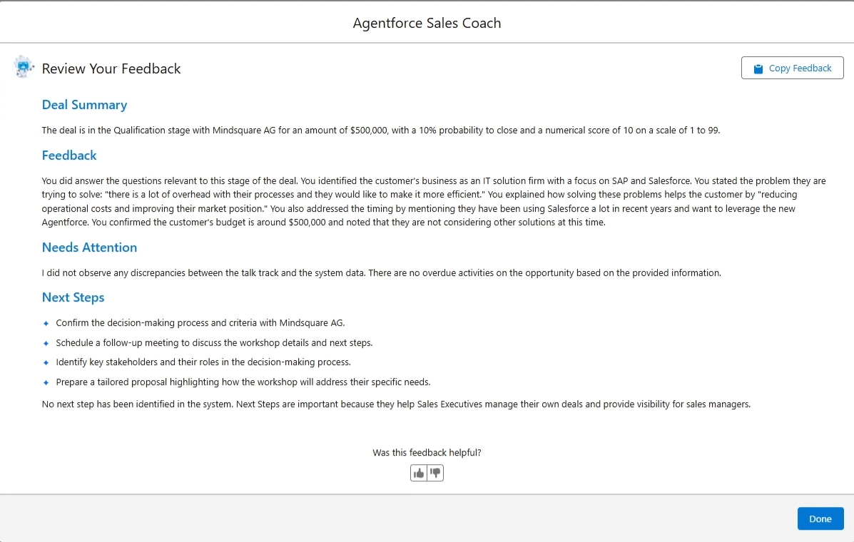 Feedback des Agentforce Sales Coach