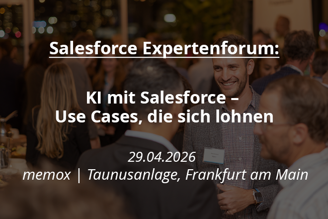 Beitragsbild | Salesforce Expertenforum in Frankfurt | Personen auf einem Networking Event, die sich unterhalten