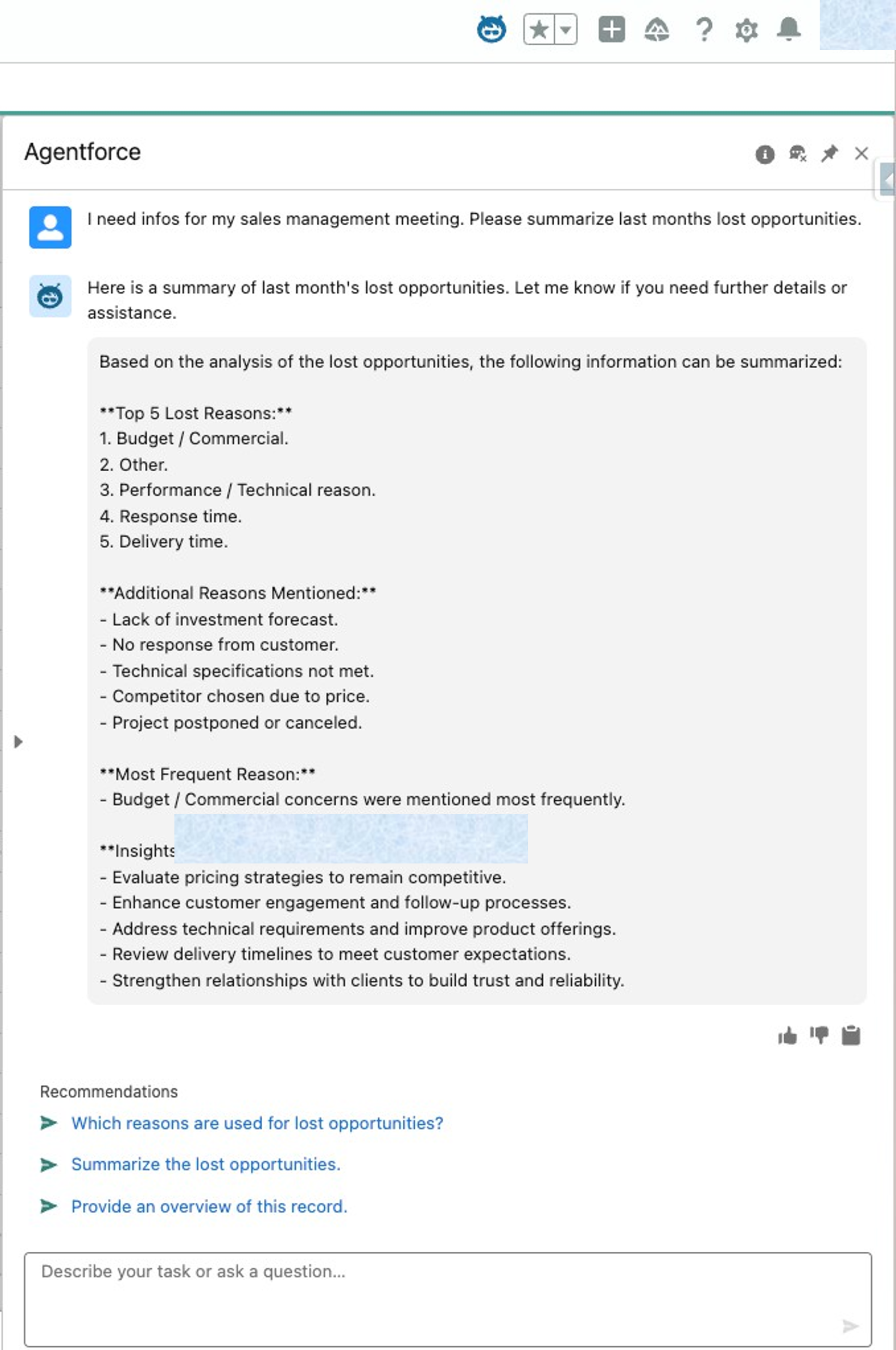 Screenshot: Win-Loss-Analyse in Salesforce mit Agentforce KI-Agent