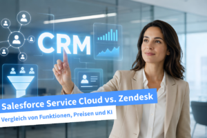 Salesforce Service Cloud vs Zendesk Beitragsbild mit CRM-Dashboard, Support-Tickets, Kundendaten und KI-gestützter Service-Automatisierung